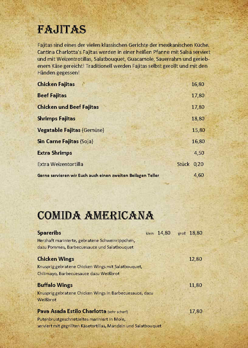 Cantina Charlotta Speisekarte